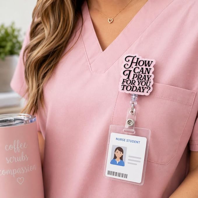 How Can I Pray for You Pink Badge Reel Christian Religious God ID Name Holder Clip Retractable Lanyard Reels for Nurse RN Medical Caregiver Healthcare Worker Staff Gift Nursing Accessories Supplies
