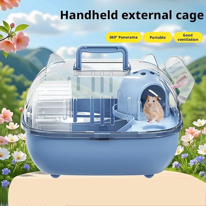 Portable Hamster Cage – 11" Cat Ear Shape Small Animal Habitat with Exercise Wheel, Water Bottle, Hideout House & Platform, Transparent Carrier for Hamsters, Gerbils, Mice