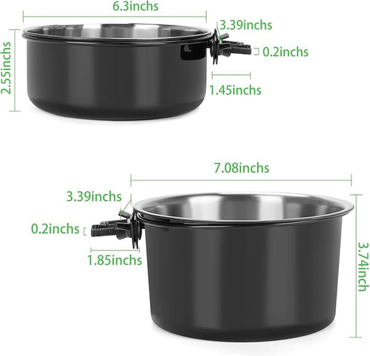 2 Pcs Large Dog Food Water Bowl for Cage with Upgraded Clamp Holder, Black Pet Kennel Hanging Bowls Stainless Steel Non-Spill Detectable Bowls Crate Feeder Dish for Large Dogs (7x3.7''& 6.3x2.5'')