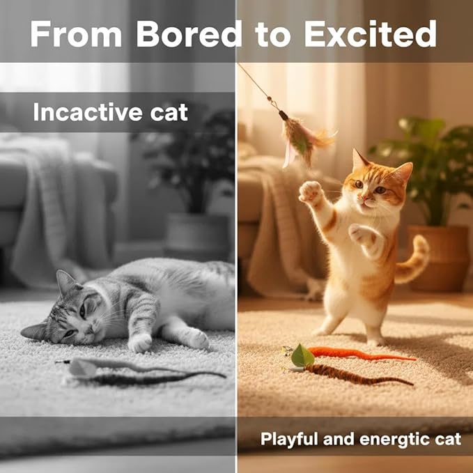 9 Pcs Interactive Cat Feather Toys for Indoor Self Play & Exercise, Cat Wand Toy, 2 Play Modes Kitten Teaser Wand, Reusable Suction Cup Kitten Toys