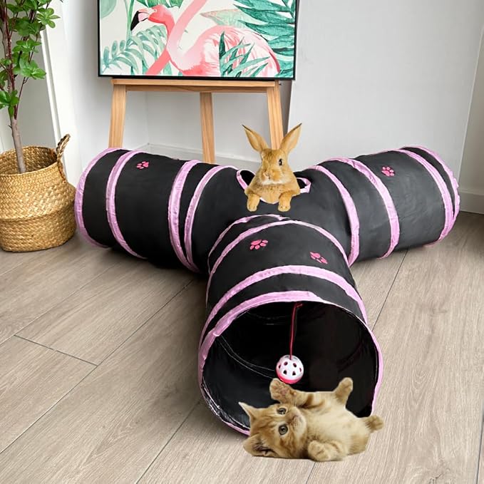 3-Way Collapsible Cat Tunnel Tube Toy Black Pink Paws — Interactive Play Tunnel with Hanging Ball & Peek Hole for Indoor Cats, Kittens, Puppies & Rabbits | Hours of Fun & Exercise