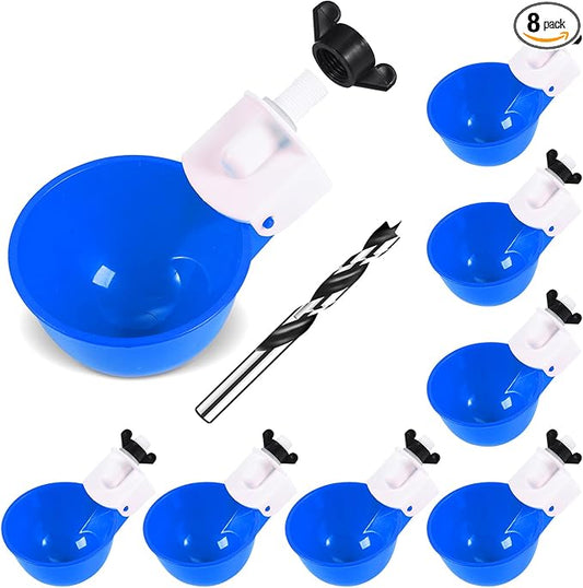Chicken Waterer Cups (8 Pack/Blue) - DIY Automatic Large Chicken Water Feeder for Ducks,Chicks, Turkeys, Quail, Bunny, Bird and Other Various Poultry Dispenser with Matching Drill