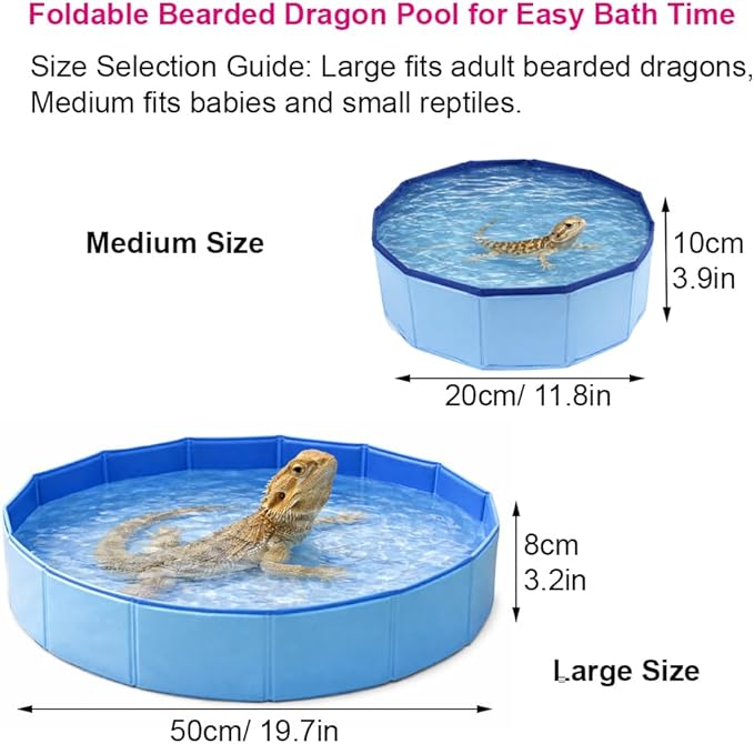 6Pcs Bearded Dragon Pool – Foldable Reptile Bathtub & Towel (Large or Medium Size), Bath Brush, Spray Bottle & Plastic Tweezers for Bearded Dragons, Bearded Dragon Bath Accessories (Large)