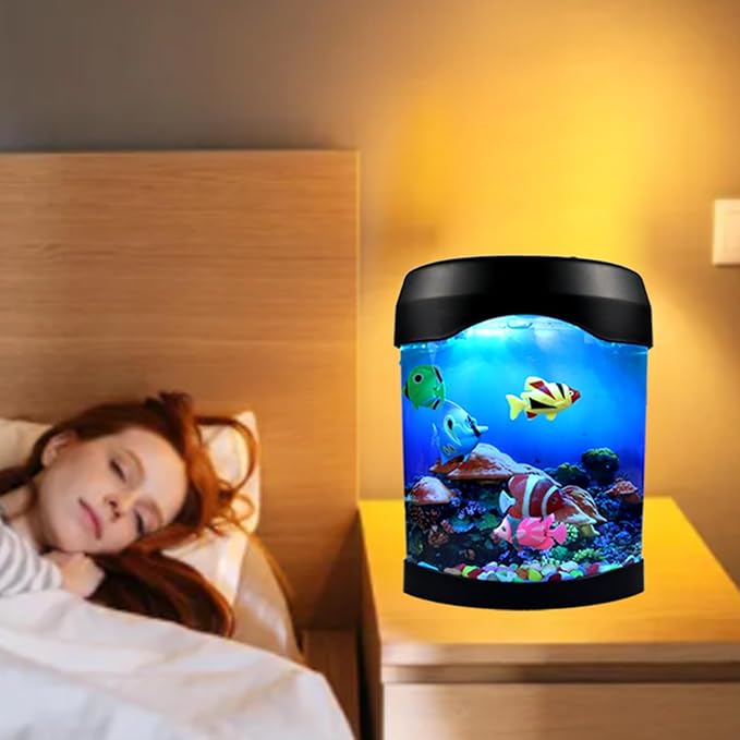 Toycol Fake Fish Lamp, Nightly Lifelike Desk Electric Mood Light, LED Light Tank with 6 Color Changing and 5 Fake Fish Mini Aquarium for Home Office Deco Adults, Gifts for Kids and Adults