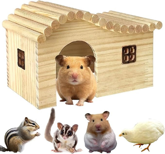 Hamster Wood Hideout Hut with Window Small Animal Wooden House for Rat Sugar Glider Gerbil Syrian Hamster Button Quail (Medium)