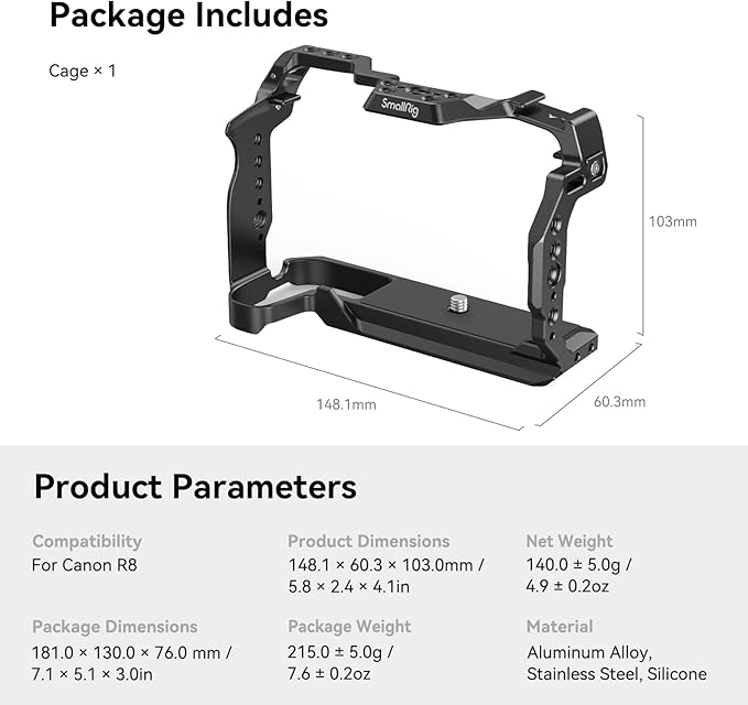 SmallRig Cage for Canon R8, Camera Cage for EOS R8 with1/4-20 Threaded Holes, 3/8"-16 Locating Holes for ARRI, Included Cold Shoe, QD Port and NATO Rail - 4212