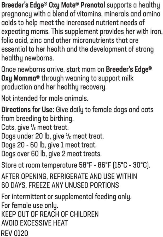 Breeder’s Edge Oxy Mate, Prenatal Vitamin Supplement for Pregnant Dogs and Cats, Supports Healthy Pregnancy, Red Blood Cell Production & Fetal Development, 30ct Meat Chew Treats