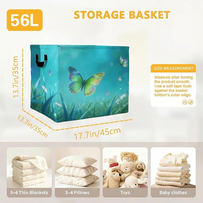 56L Butterflies Laundry Basket Clothes Hamper with Handles,Foldable Blanket Storage Large Laundry Hamper with Waterproof PE,Toy Storage Bin Organizer,Cube Clothes Organizer,Home Decor