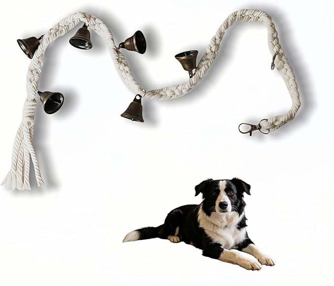 Dog Doorbell for Potty Training with 6 Extra Loud Bells - Handmade Cotton Rope Adjustable Hanging Pet Bell, Indoor/Outdoor Use for Small Medium Large Dogs (Beige/Bronze Tone)