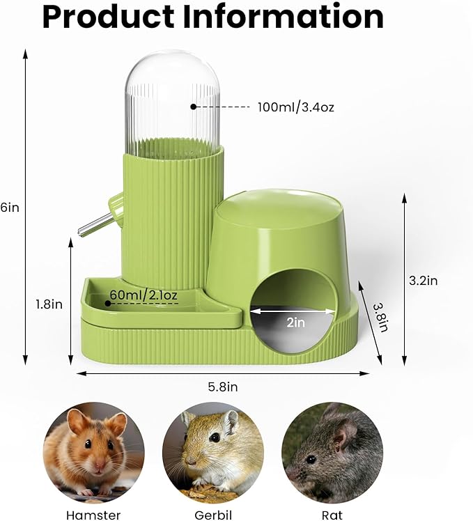 3 in 1 Hamster Water Bottle No Drip Automatic Water Dispenser with Food Bowl Container & Hideout Base Hut for Dwarf Hamster Mouse Rat Gerbils Mice Cage Accessories (Pink)