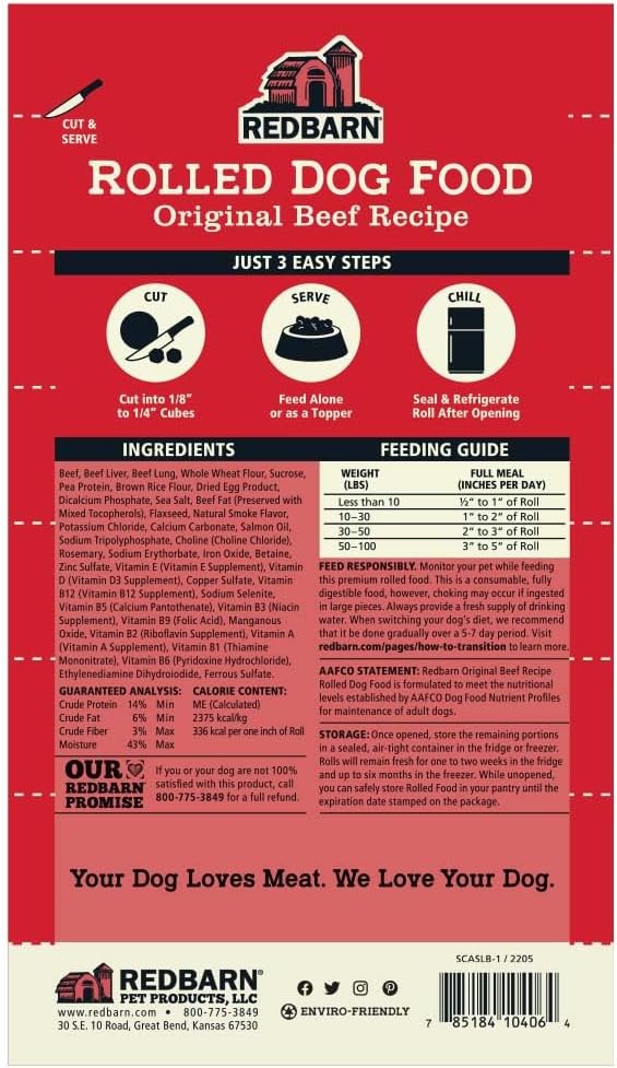 Redbarn Pet Products All-Natural Premium Rolled Dog Food, Beef Recipe - Soft Semi-Moist Wet Formula for High Protein Diet, Training Rewards, & Treat Pill Concealer - 4 lb, 1 Count (Pack of 2)