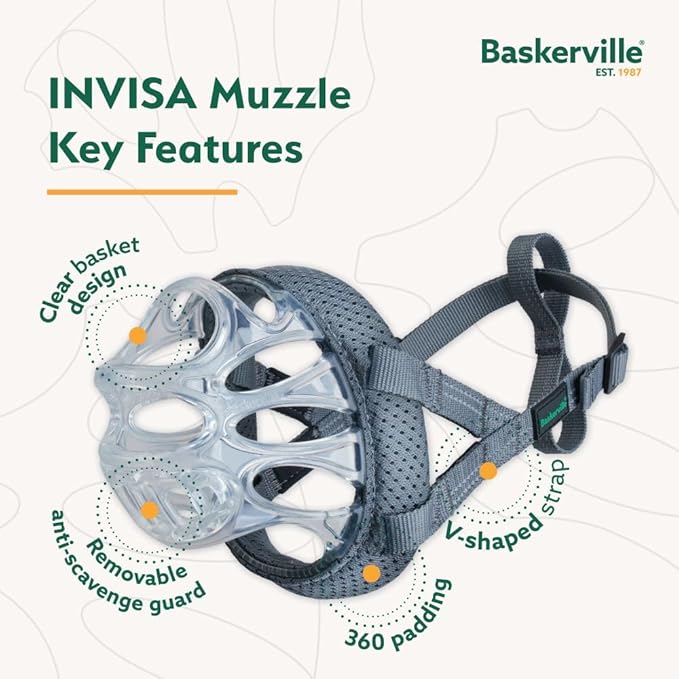 Baskerville INVISA Basket Dog Muzzle - Patented Humane Design with Facial Visibility, Padded Nose Band, Dog can Pant and Drink, Prevents Biting and Scavenging. Muzzle for Medium-Sized Dogs (Size 3)