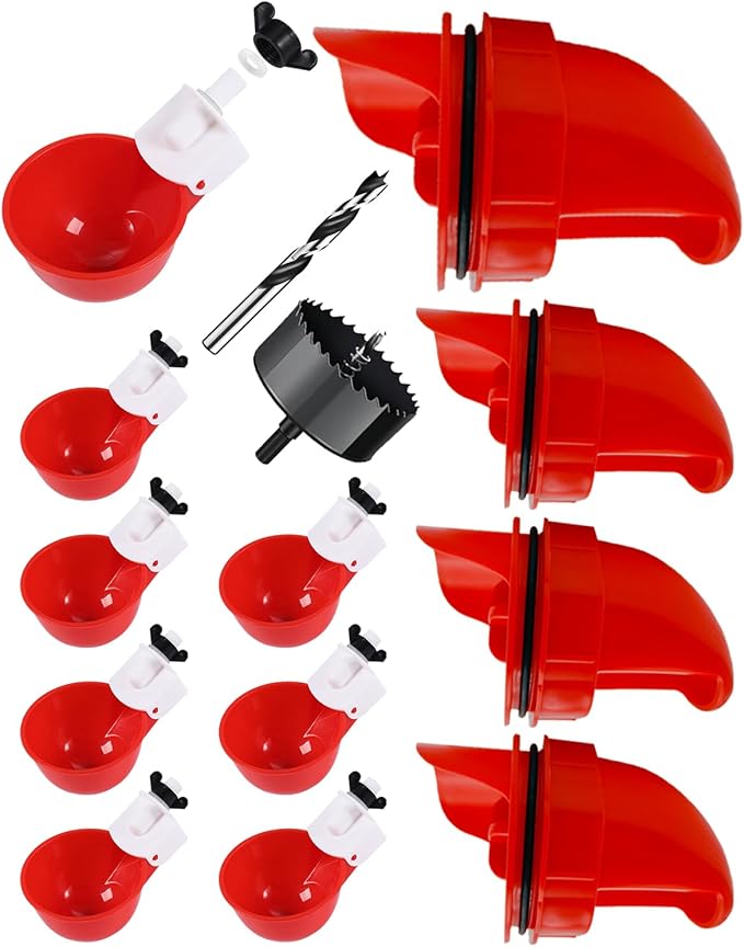 Chicken Feeder & Chicken Waterer Cup Set, 8 Water Cups 4 Feeders, Automatic DIY Poultry Feeding Watering Kit for Chickens Ducks Chicks, with Matching Drill Bit