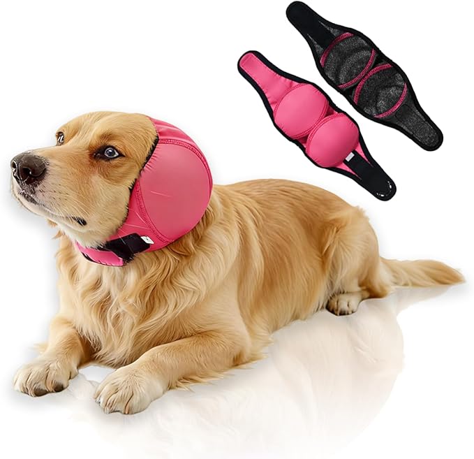 Waterproof Dog Ear Covers,No Flap Ear Wraps for Dogs,Dog Ear Muffs for Noise Protection & Anxiety Relief,Adjustable Dog Calming Hoodie Shower Cap for Bathing Grooming(Fuchsia,S)
