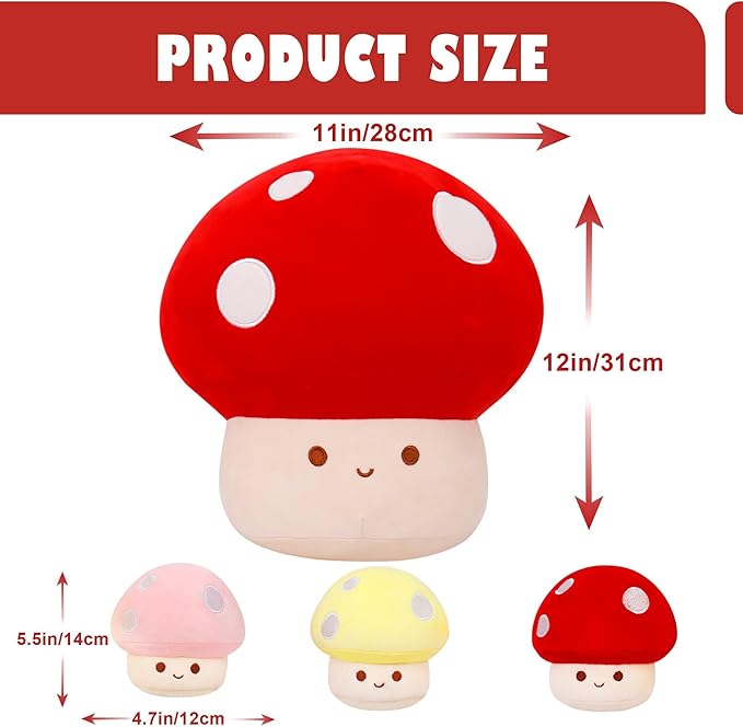 WeBingo Mushroom Plush Pillow 4-Piece, 12 Inch Large Mushroom Decor Stuffed Animal Plushies Stuffy with 3 Babies for Girl Boy Kid Adult, Big Jumbo Soft Toy Gift for Birthday Christmas Valentine's Day