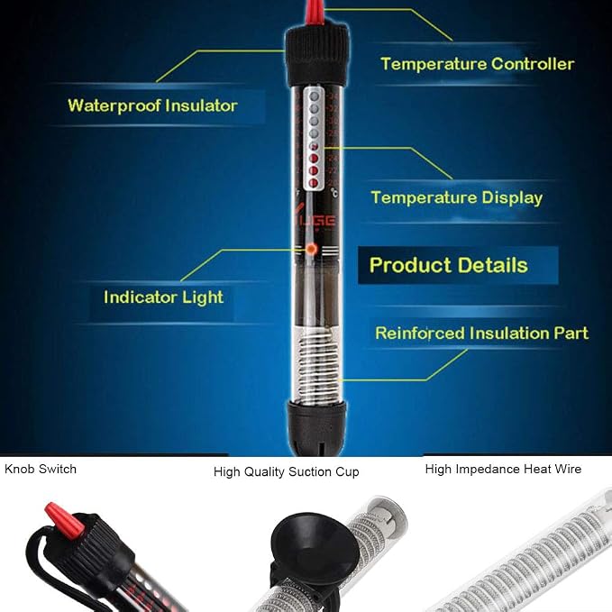 Aquarium Heater Submersible Betta Fish Tank Heater with Suction Cups Auto Thermostat Heater Marine Saltwater and Freshwater (200W)