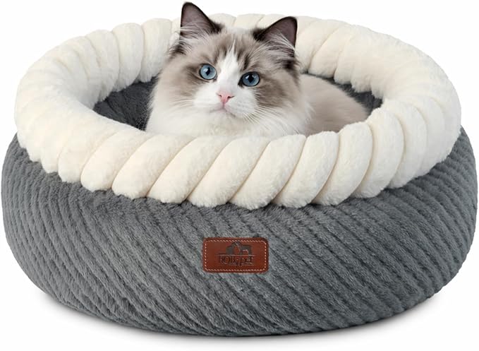 Hollypet Cat Bed for Indoor Cats Kitty Beds, Round Washable Fluffy Small Dog Bed, Soft Cozy Plush Pet Beds for Puppy and Kitten with Non-Slip Bottom (20" Diameter, Grey)