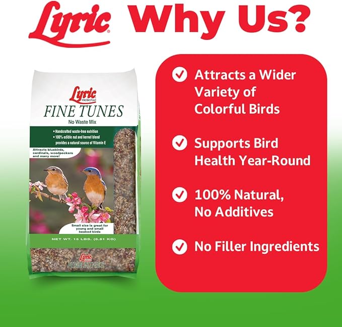 Lyric Fine Tunes Wild Bird Seed Mix - No Waste Bird Food Mix - Attracts Bluebirds, Finches, Chickadees & More - Seed for Outside Feeders - 15 lb Bag