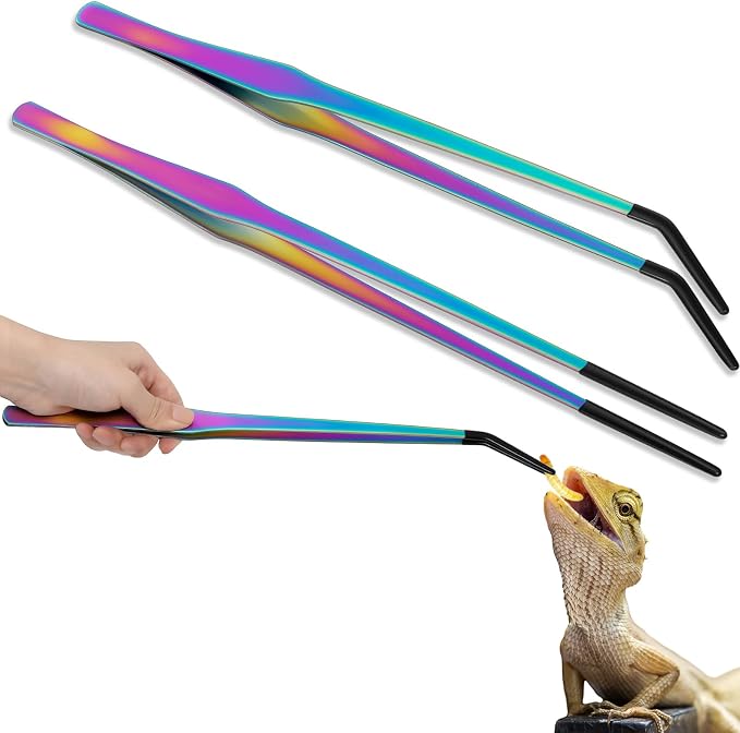 Lasnten 2 Pcs Extra Long Stainless Steel Reptile Feeding Tongs with Rubber Tip 15 Inch Bearded Dragon Aquarium Straight and Curved Long Tweezer Terrarium Feeder Tool for Tank (Colorful)