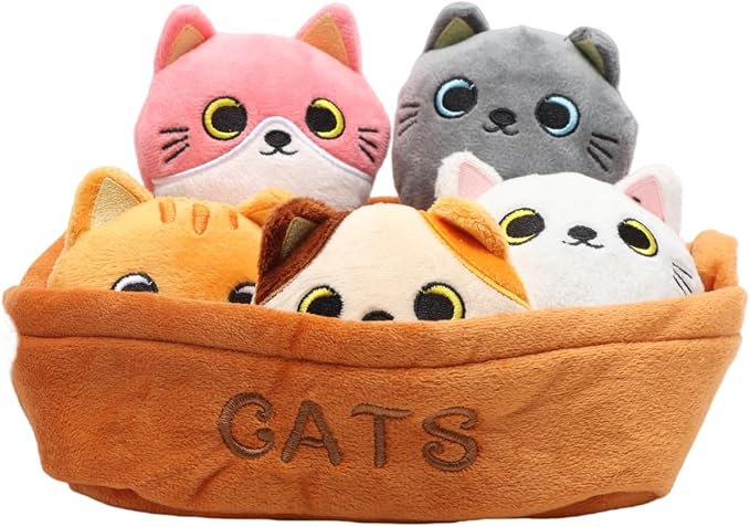 Plush Cat Toy Set, 5PCS Interactive Stuffed Cats with Basket, Cute Kawaii Kitten Plushies, Soft Animal Toys for Kids & Cat Lovers Gifts for Birthday, Home Decor, 7.87” Basket 4.3” Cat