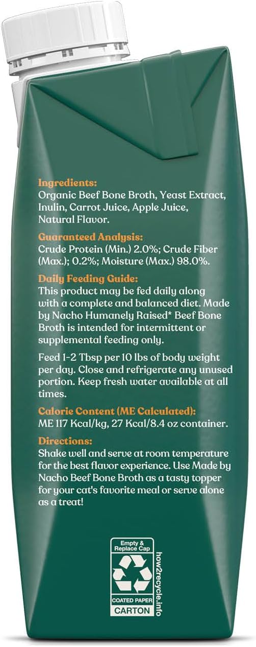 Made by Nacho Bone Broth Cat Food Topper for Hydration and Picky Eaters - Add Protein and Flavor to Your Dry Cat Food – Supports Optimal Nutrition, Digestion, Skin & Coat, 11 oz. (Pack of 8), Beef
