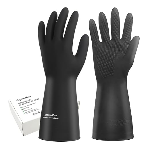 Thick Rubber Cleaning Gloves - 3 Pairs Black Rubber Gloves for Dishwashing Large, Non-Slip Kitchen Gloves for Washing Dishes, Reusable Cleaning Gloves, Waterproof, Heavy-Duty (3P,L)