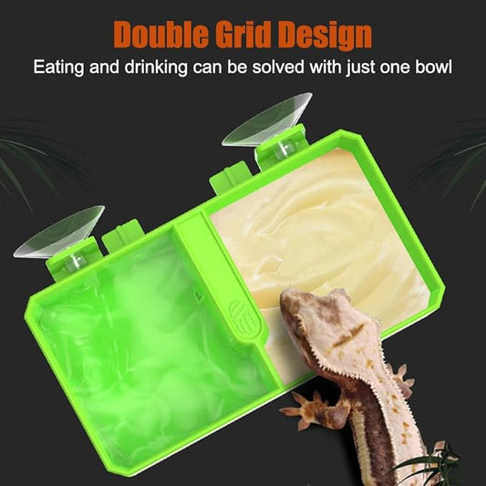 DONGKER Reptile Feeding Ledge,Square Dual-Compartment Reptile Water Food Bowl with 2 Suction Cup for Bearded Dragon Lizard Turtle Tortoise