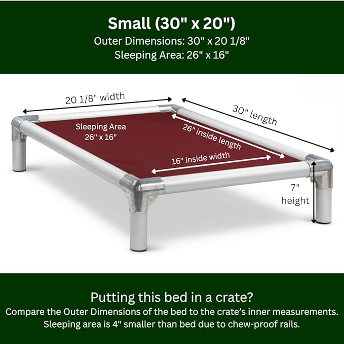 Kuranda Chewproof Elevated Dog Bed - Silver Aluminum - 30" x 20" - Heavy Duty Vinyl - Burgundy