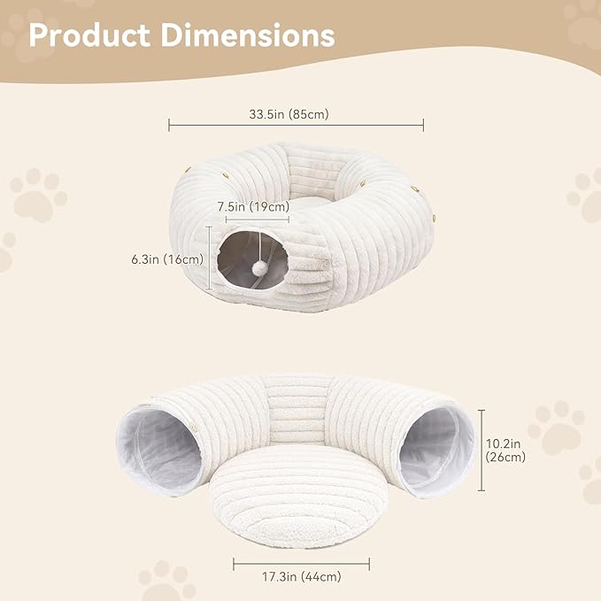 Cat Tunnel Bed, Peekaboo Hideaway Cave for Indoor Cats, Machine Washable Kitten Bed, Cat Donut, Dachshund Tunnel Bed for Small Dogs, Upgraded Striped Hare Feel Fabric (White)