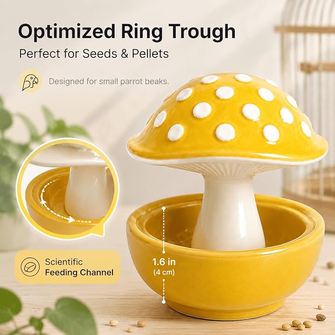 Cute Mushroom Ceramic Bird Water Dispenser & Seed Bowl, Premium Glazed Anti-Dust Feeding Dish for Small Parrots, Conures, Hamsters, Heavy Duty Cage Accessory
