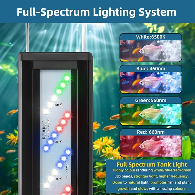 DaToo LED Aquarium Light Full Spectrum Fish Tank Light with Dimmer White Blue Red Green LEDs Fish Tank Light with Three Lighting Modes and Extendable Bracket for 24 Inch to 28 Inch Aquarium