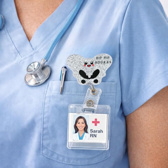 Hip Hip Hooray Badge Reel IVN Pelvis Bone Spine Surgical Trauma Orthopedic Hospital Rehab Medical ER ID Name Holder with Alligator Clip Gift for Ortho Nurse Doctor RN MD XRay Tech Healthcare Workers