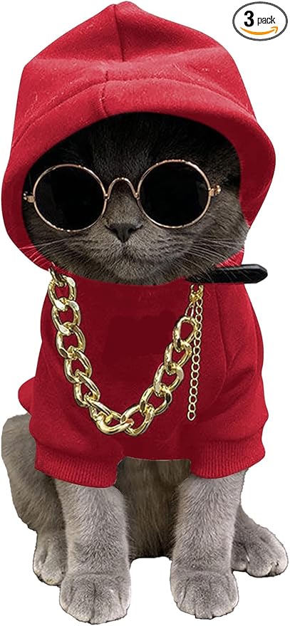 QWINEE 3Pcs Dog Hoodie Cat Apparel Dog Custume Set with Necklace and Sunglasses Pet Clothes for Puppy Small Medium Dogs Cats Red XL