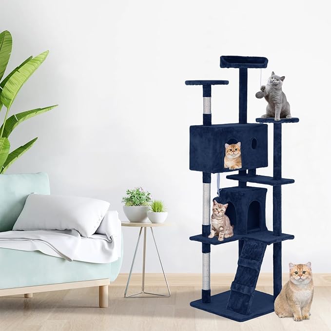 PayLessHere 70in Multi-Level Cat Tower with Scratching Post, Cat Condo Stand House Furniture Kitty Activity Center, Navy Blue