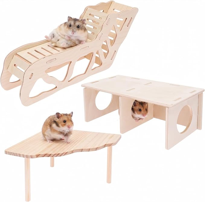 4 PCS Natural Wood Hamster Cage Accessories Set, Multi-Level Habitat Decor with Cloud Hideout, Climbing Ladder & Standing Platforms, Exercise Playground for Syrian Hamsters, Gerbils, Mice (B)