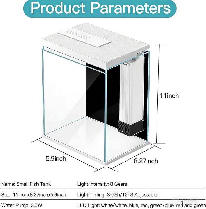 2 Gallon Glass Betta Fish Tank with Heater Filter and Light, Self-Cleaning Small Aquarium Starter Kits