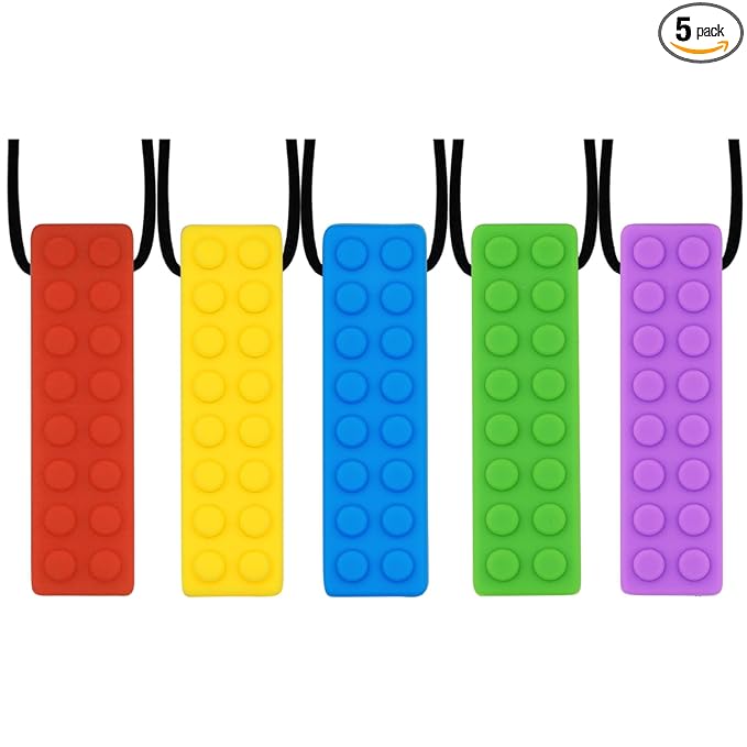 Chew Necklaces for Sensory Kids, 5PCS Building Block Silicone Chewy Necklace for Boys and Girls with Autism Biting Chewing, BPA Free Teether Toys for Baby Toddler and Infant Teething