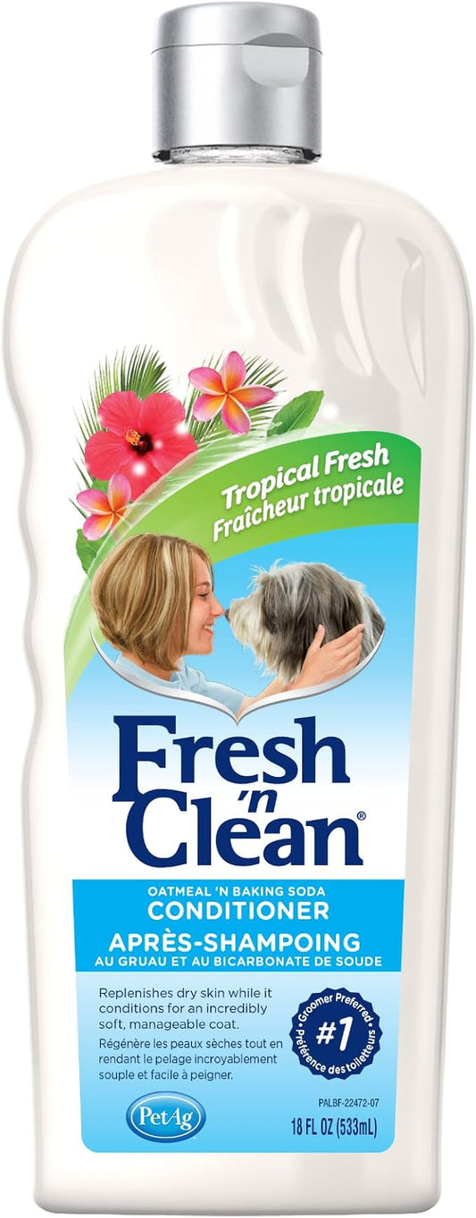 PetAg Fresh ’n Clean Oatmeal ’n Baking Soda Conditioner, Tropical Fresh Scent - 18 oz - Gently Cleans, Soothes & Deodorizes Dogs with Vitamin E & Aloe Vera - Soap Free
