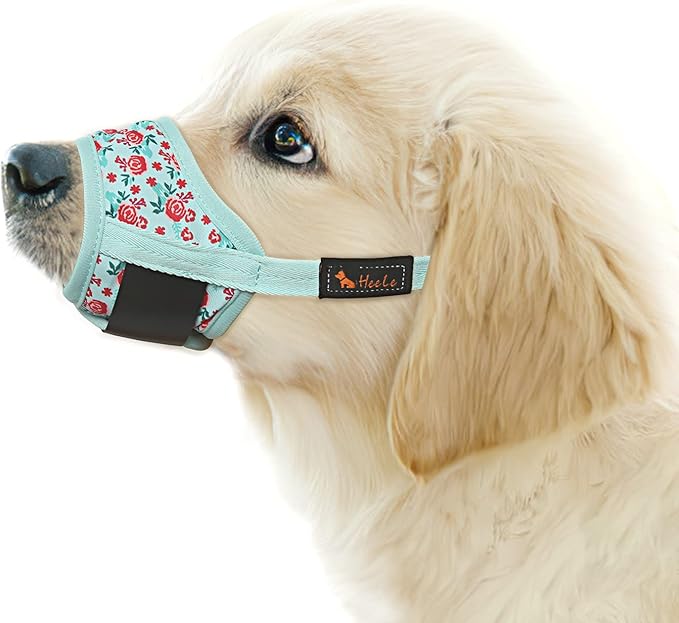 HEELE Dog Muzzle,Soft Nylon Muzzle Anti Biting Barking Chewing,Air Mesh Breathable Drinkable Adjustable Loop Pets Muzzle for Small Medium Large Dogs 4 Colors 4 Sizes (P-Cyan Flower, XS)