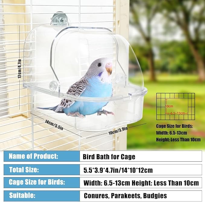 Bird Bath for Cage - Spacious Parakeet & Parrot Bathtub with Hanging Hooks, Portable Shower for Most Birdcages, Cleaning Pet Supply (Clear)