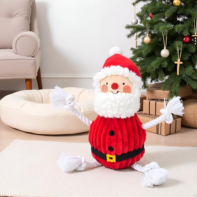 Pearhead The Real Santa Claus Holiday Dog Toy, Durable Corduroy Rope Toy, Stuffed Plush Chew Toy with Loud Squeaker, Christmas Stocking Stuffer for Pets