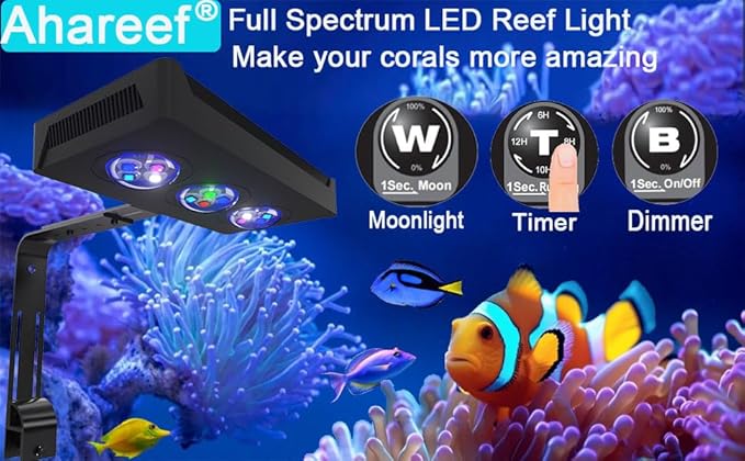 45W Full Spectrum Reef LED Light for Coral – Dimmable Saltwater Aquarium Light for SPS & LPS with Sunrise, Sunset & Moonlight – Nano Reef Tank 10–24" Up to 40 Gallons