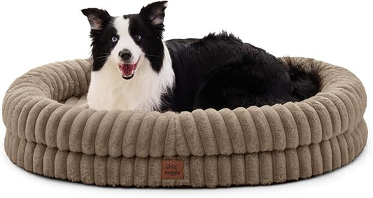 ChiXnuggle XL Dog Bed - Luxury Striped Faux Fur Waterproof Dog Couch with Removable Washable Cover, Orthopedic Dog Bed with Bolster Sides for Sleeping, Taupe
