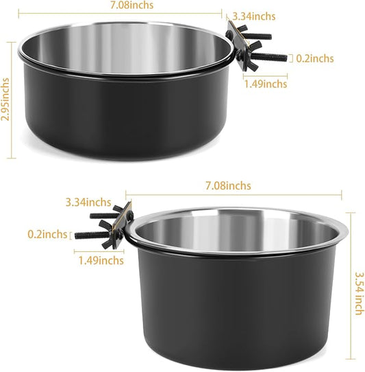 2 Pcs Black Large Pet Dog Food Water Bowl for Cage Stainless Steel Non-Spill Kennel Hanging Cats Bowls with Clamp Holder Crate Feeder Dish for Medium Large Dogs Huge Pets (7.1x3.7'' & 7.1x2.5'')