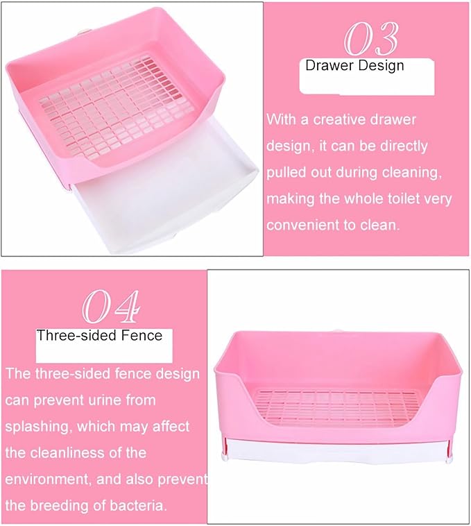 Large Rabbit Litter Box,Corner Potty Trainer with Drawer for Small Animals, Easy Clean Bedding Toilet for Adult Bunny, Guinea Pig, Ferret, Hamster (Pink)