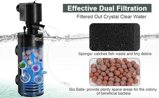 hygger Quiet Electric Aquarium Sponge Filter 10-40 Gallon Fish Tank Filter with Bio Balls Airtubing, Submersible Aquarium in-Tank Power Filter 7W 100 GPH