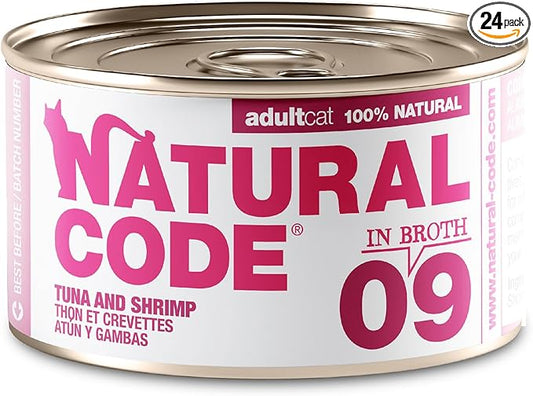 Natural Code - 24 Pack Wet Cat Food, Limited Ingredient Cat Food, High-Protein, Non-GMO, No Artificial Additives, Made in Italy, Tuna and Shrimps in Broth for Adult Cats, 3 oz