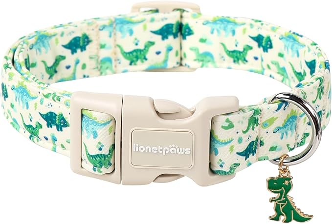 Lionet Paws Green and Blue Dinosaur Dog Collar- Cute Stegosaurus and Raptor Beige Dog Collars with Plastic Buckle,Light Adjustable Dog Collars for Medium Large Dogs