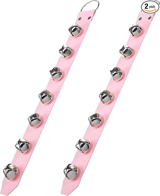 Frienda Hanging Jingle Sleigh Bells 7-Bell Dog Doorbells for Door Knob Faux Leather Belts Go Outside Dog Bells Christmas Decor and Holiday Decorations, 18.7 x 1.8 x 1 Inches(Pink with Silver)