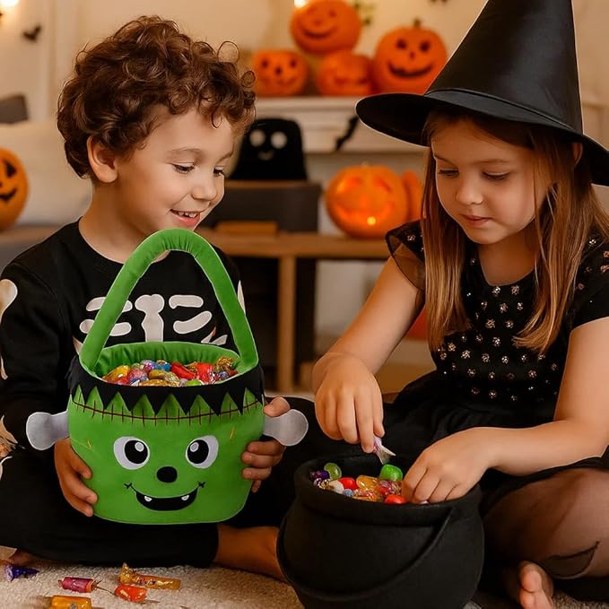 Halloween Plush Treat Basket, Halloween Candy Basket, Trick-or-Treat Bag (Green Frankenstein)